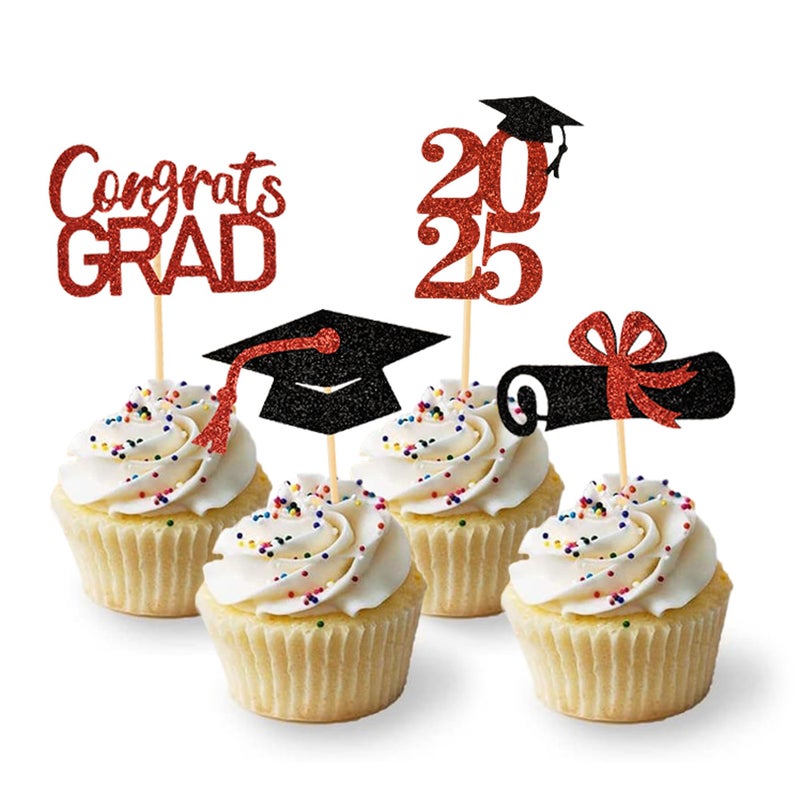 Moffris Graduation Decorations 2025-24Pcs Red Glitter 2025 Graduation Cupcake Toppers for Class of 2025 Party Decorations - Image 1